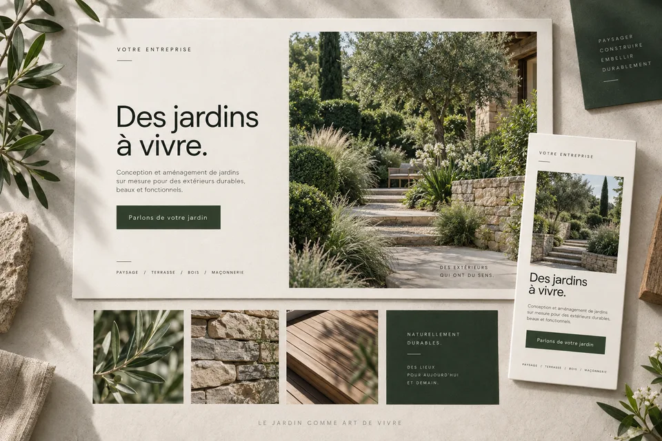 Illustration de design créée pour Parcelle Web : une présentation de jardin sur ordinateur et mobile